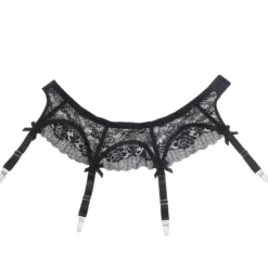 Sexy Schwarze Spitzen-Garter-Panty mit Schleife & Metall-Clips, 88% Nylon, 12% Spandex