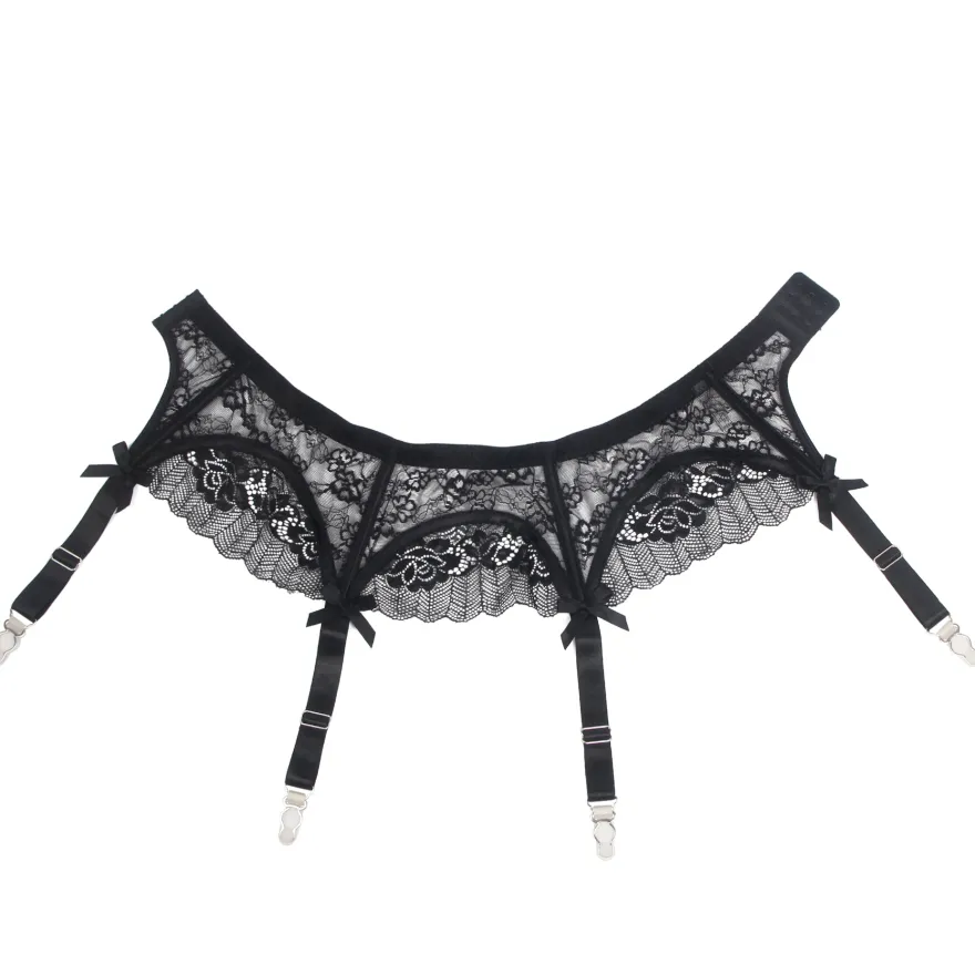 Sexy Schwarze Spitzen-Garter-Panty mit Schleife & Metall-Clips, 88% Nylon, 12% Spandex