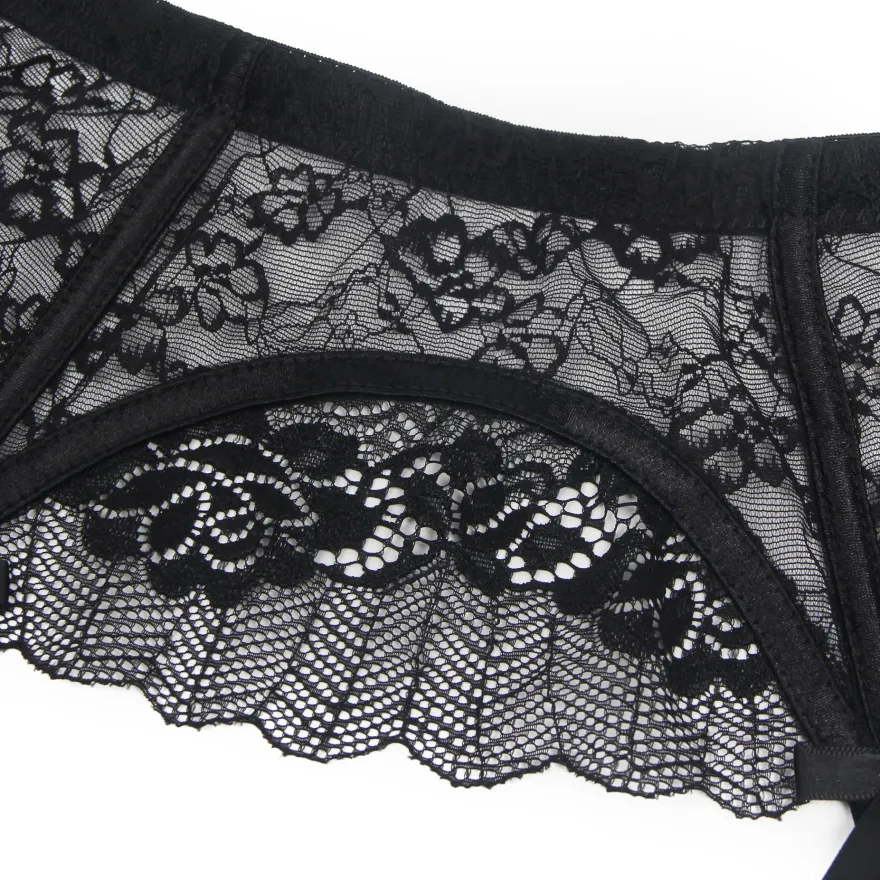 Sexy Schwarze Spitzen-Garter-Panty mit Schleife & Metall-Clips, 88% Nylon, 12% Spandex