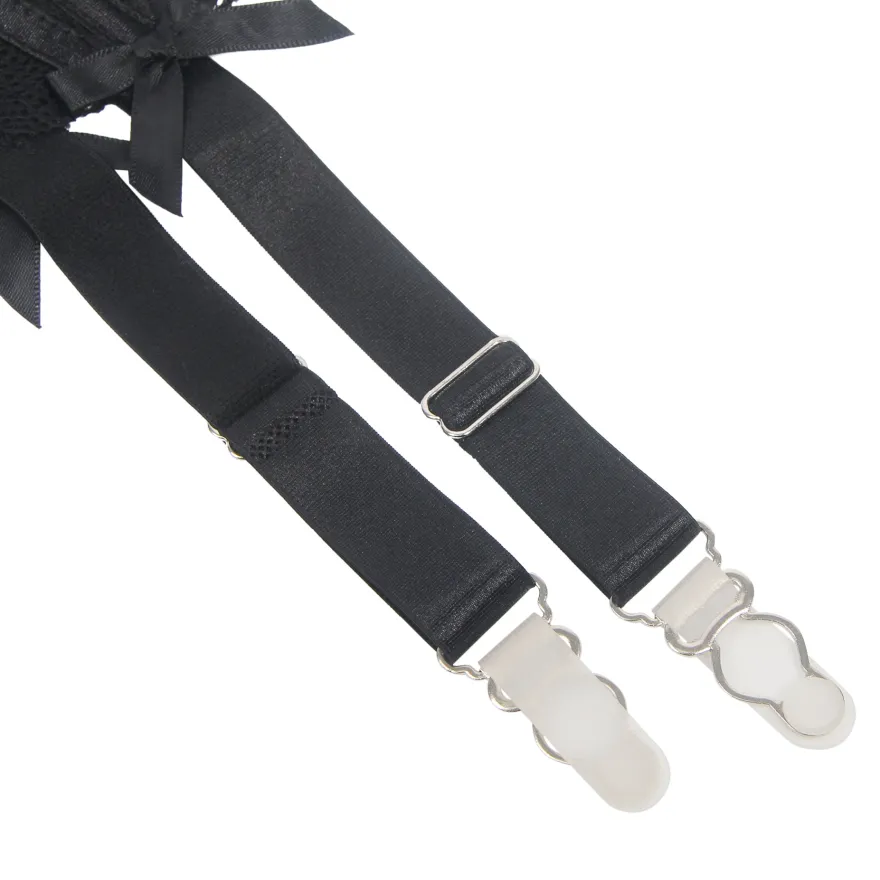 Sexy Schwarze Spitzen-Garter-Panty mit Schleife & Metall-Clips, 88% Nylon, 12% Spandex