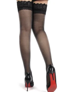 Sexy Schwarze Spitzenstrümpfe mit Perlmutt-Glanz & Silikonband, 88% Nylon, 12% Spandex