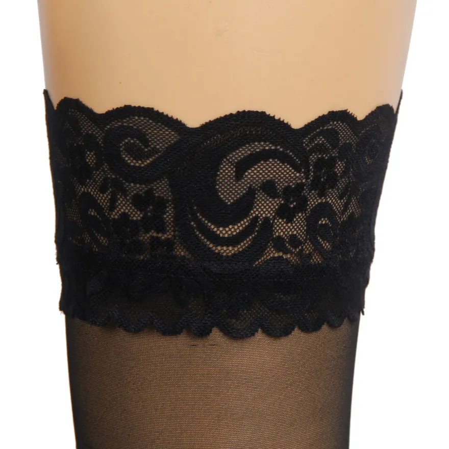 Sexy Schwarze Spitzenstrümpfe mit Silikonband, 88% Nylon, 12% Spandex, verführerisch