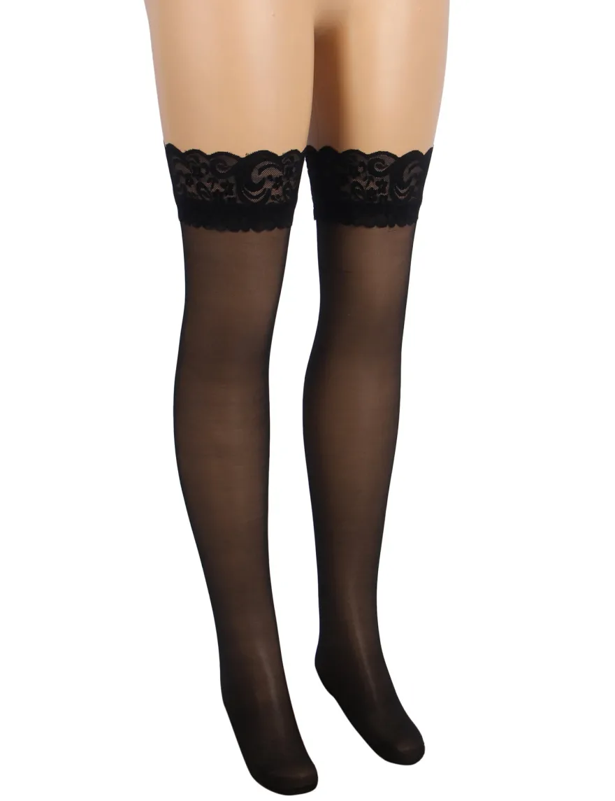 Sexy Schwarze Spitzenstrümpfe mit Silikonband, 88% Nylon, 12% Spandex, verführerisch