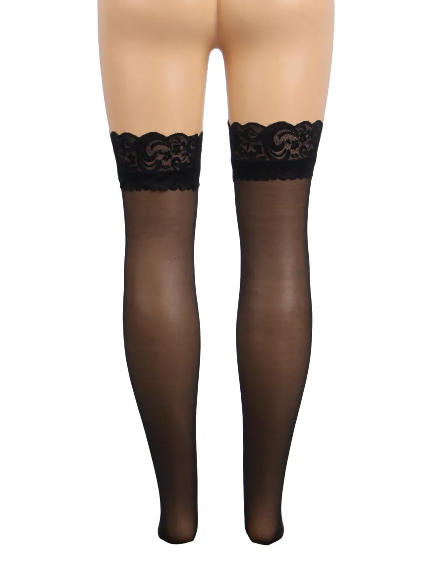 Sexy Schwarze Spitzenstrümpfe mit Silikonband, 88% Nylon, 12% Spandex, verführerisch