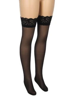 Sexy Schwarze Spitzenstrümpfe mit vertikaler Linie & Silikonband, 88% Nylon, 12% Spandex