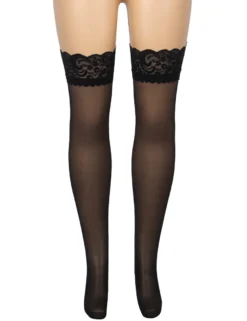 Sexy Schwarze Spitzenstrümpfe mit vertikaler Linie & Silikonband, 88% Nylon, 12% Spandex