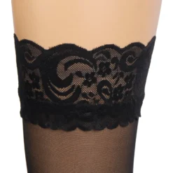 Sexy Schwarze Spitzenstrümpfe mit vertikaler Linie & Silikonband, 88% Nylon, 12% Spandex