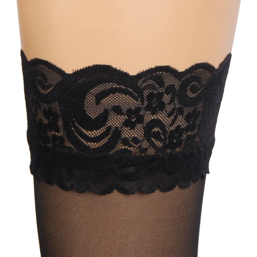 Sexy Schwarze Spitzenstrümpfe mit vertikaler Linie & Silikonband, 88% Nylon, 12% Spandex