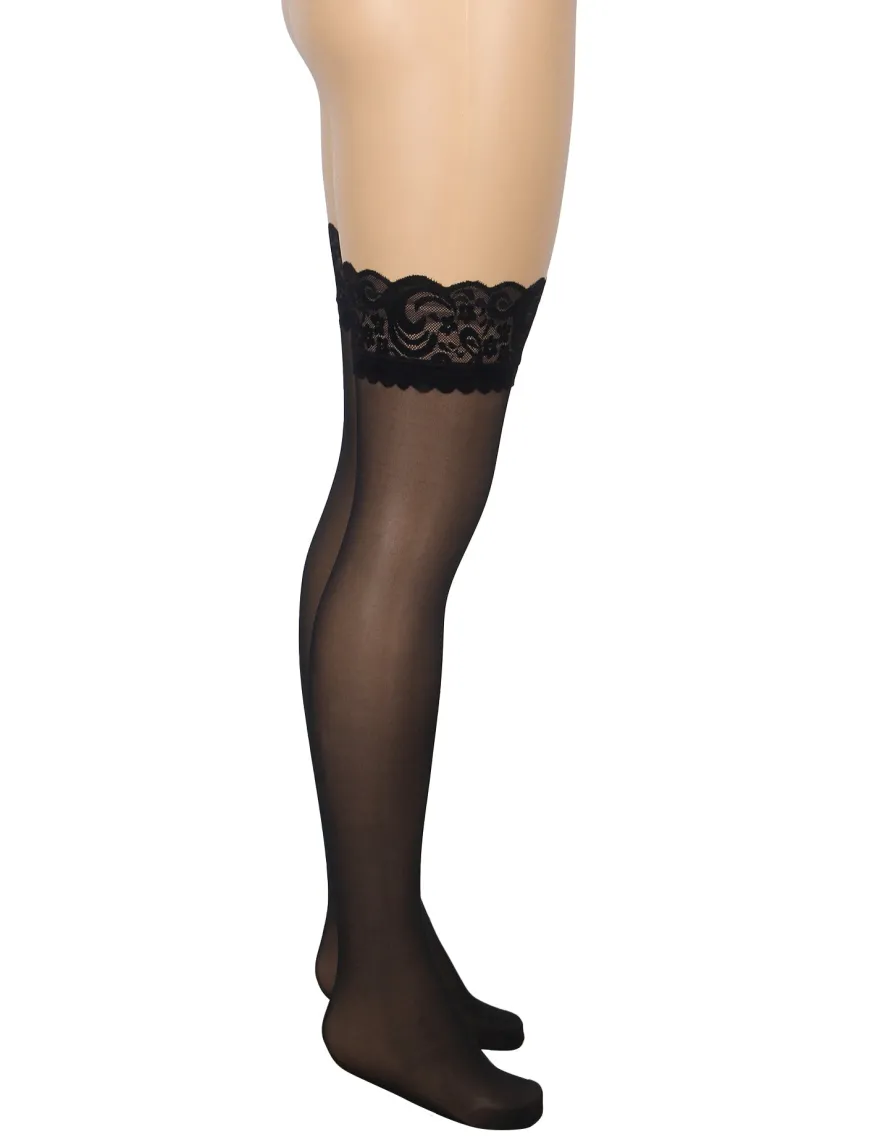 Sexy Schwarze Spitzenstrümpfe mit vertikaler Linie & Silikonband, 88% Nylon, 12% Spandex