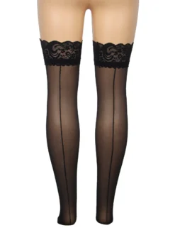 Sexy Schwarze Spitzenstrümpfe mit vertikaler Linie & Silikonband, 88% Nylon, 12% Spandex