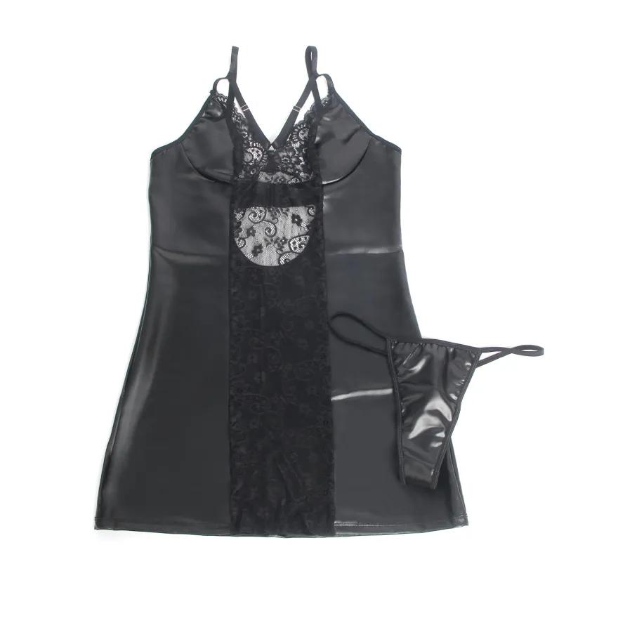 Sexy Schwarzes PU-Leder Lingerie Set – Spitze & Kunstleder, verführerische Dessous