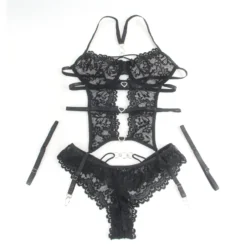 Sexy Schwarzes Spitzen-Lingerie Set – BH, Slip & Strapse, verführerische Dessous