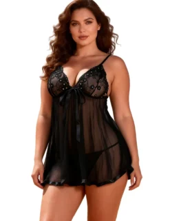 Sexy Schwarzes Spitzen-Nachtkleid mit Strass, transparent, 95% Polyester, 5% Elasthan