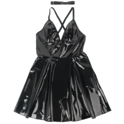 Sexy Schwarzes Wet-Look Nachtkleid – Faux-Leder, Deep V-Neck & Strapse, Lingerie