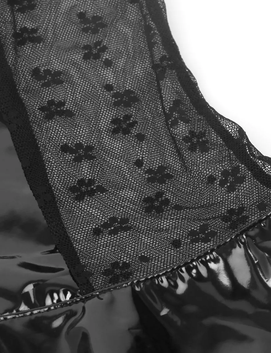Sexy Schwarze Wet-Look Lingerie – Halter-BH, Patent-Leder & Spitze, Strapse