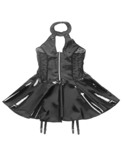 Sexy Schwarze Wet-Look Lingerie – Halter-BH, Patent-Leder & Spitze, Strapse