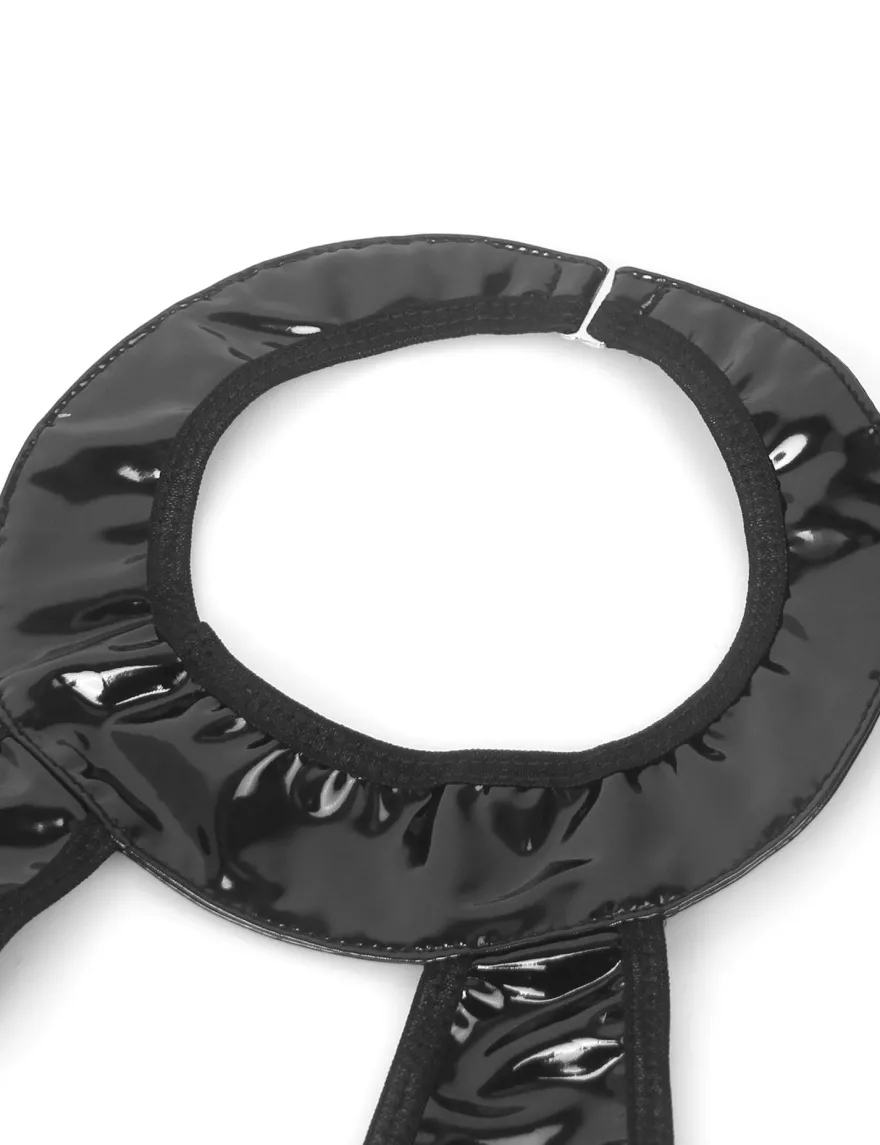 Sexy Schwarze Wet-Look Lingerie – Halter-BH, Patent-Leder & Spitze, Strapse
