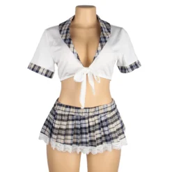 Sexy White Crop Top & Plaid Skirt – High-Quality Student Cosplay Uniform Outfit