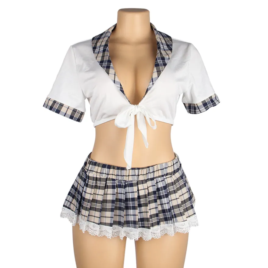 Sexy White Crop Top & Plaid Skirt – High-Quality Student Cosplay Uniform Outfit