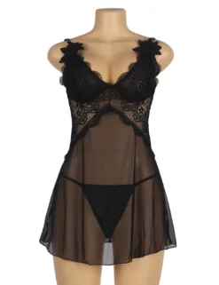 V-Neck Black Lace Babydoll – Strap & Flower Design, Sexy High-Quality Lingerie