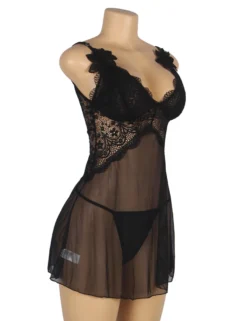 V-Neck Black Lace Babydoll – Strap & Flower Design, Sexy High-Quality Lingerie